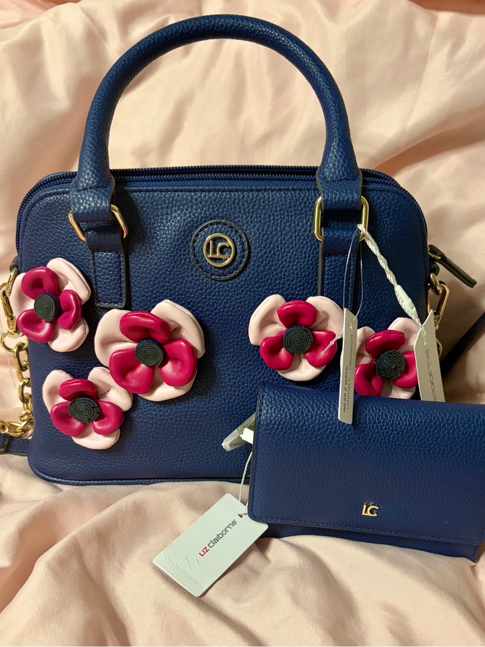 Liz Claiborne Lc Mini Floral Dome Satch Navy 10"×7" Cross Body Purse & Wallet